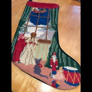 NEEDLEPOINT CHRISTMAS STOCKING WITH BEAUTIFUL GREEN BACKING FULLY LINED.